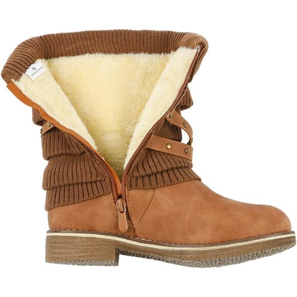 Women's Mid Calf Fashion Winter Snow Boots Camel Brown Buckle Closure Faux Fur - Picture 3 of 7